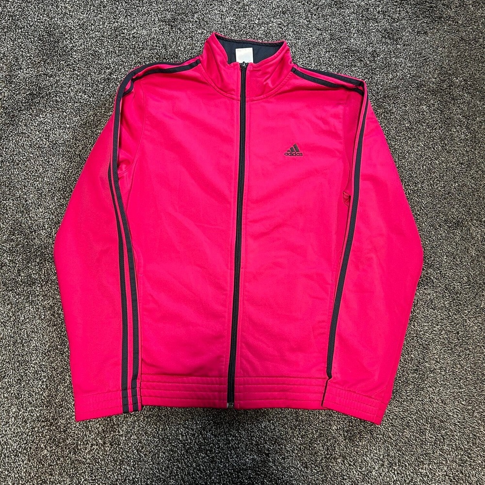 Adidas Track Jacket Unisex Large Pink Excellent 3-Stripes Full Zip Mock Neck - Picture 1 of 5